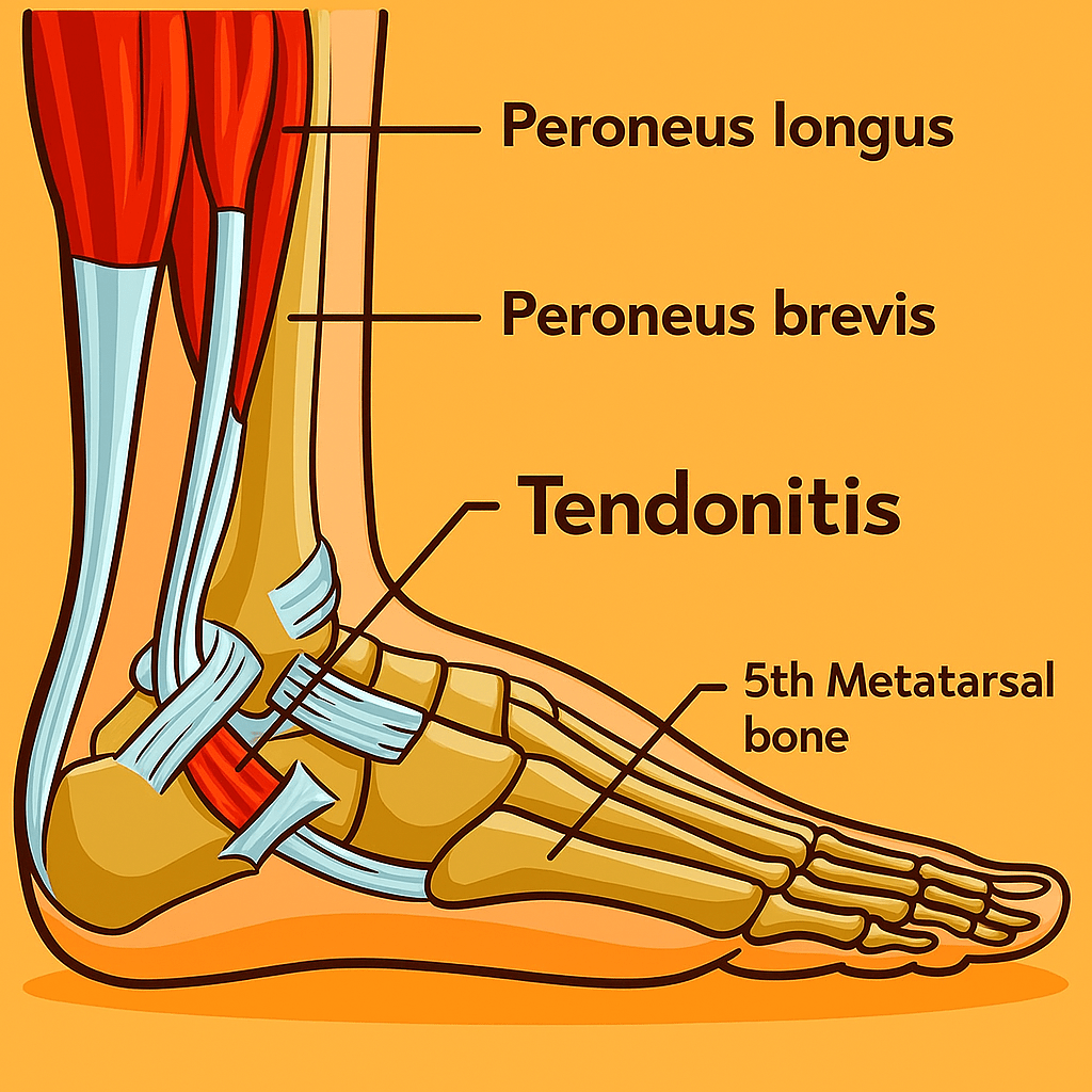 Anatomia stopy i stawu skokowego. Uszkodzenie ścięgien mięśni strzałkowych. Ból za kostką boczną